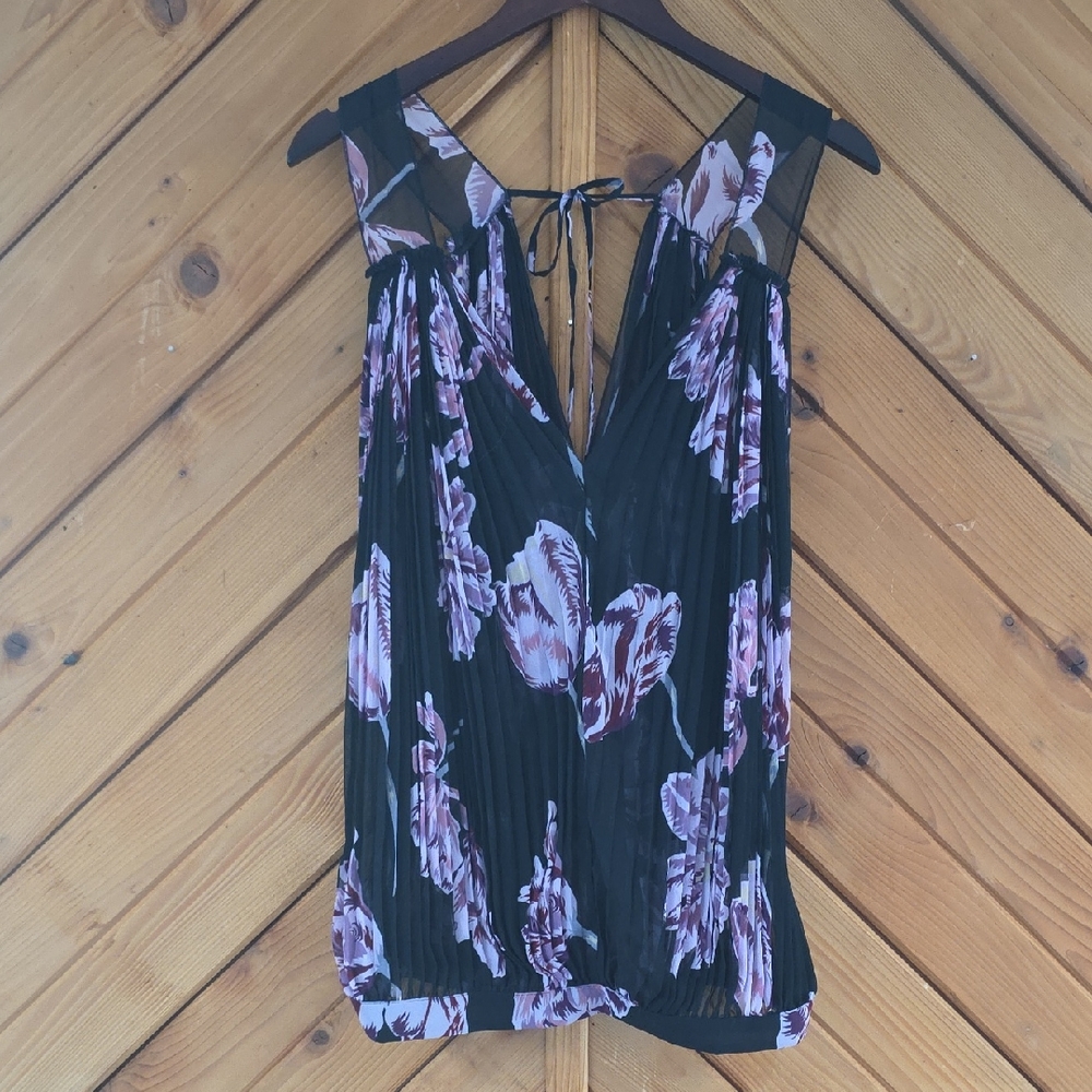Free People Black Floral Pleated V-Neck Blouse with Tie